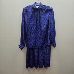 Vintage 1980's Floral Blouse & Pleated Skirt Set Purple & Black Size 8 and 10